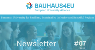 BAUHAUS4EU Newsletter #07 (2026) cover with students collaborating and alliance branding.