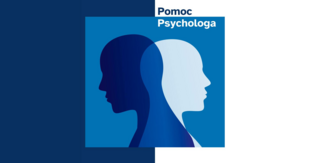 Ilustracja promująca pomoc psychologiczną, przedstawiająca dwa nakładające się profile ludzkich twarzy – jeden ciemnoniebieski, zwrócony w lewo, drugi jasnoniebieski, zwrócony w prawo. Tło stanowi kwadratowy, niebieski obszar umieszczony na dwukolorowym tle (ciemnoniebieskim i białym). W prawym górnym rogu grafiki widnieje napis „Pomoc Psychologa”. Grafika symbolizuje wsparcie psychiczne, rozmowę i introspekcję.