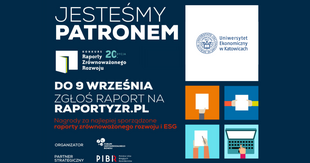 Grafika informuje, że Uniwersytet Ekonomiczny w Katowicach jest patronem 20. edycji konkursu „Raporty Zrównoważonego Rozwoju”. Do 9 września można zgłaszać raporty na stronie raportyZR.pl. Konkurs nagradza najlepiej sporządzone raporty zrównoważonego rozwoju i ESG. Organizatorem konkursu jest Forum Odpowiedzialnego Biznesu, a Partnerem Strategicznym Polska Izba Biegłych Rewidentów.