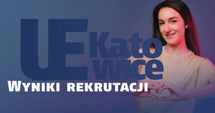 grafika ze studentką robiącą serce z dłoni oraz napis: Wyniki rekrutacji na UE Katowice