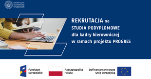 Baner Uniwersytetu Ekonomicznego w Katowicach informujący o rekrutacji na studia podyplomowe dla kadry kierowniczej w ramach projektu PROGRES. Po lewej stronie znajduje się zdjęcie osoby pracującej przy laptopie. W dolnej części umieszczono logotypy Funduszy Europejskich, Rzeczypospolitej Polskiej oraz Unii Europejskiej.